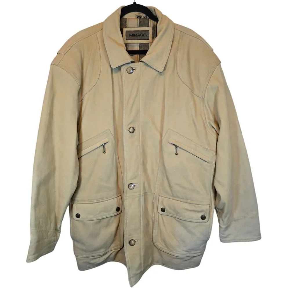 VTG‎ Mirage Brushed Leather Western Jacket Men XL Beige Barn Coat Nubuck Heavy